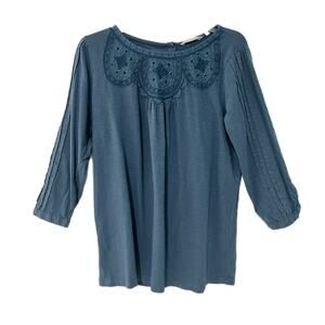 Soft Surrounding Blouse Medium Blue Cotton Floral Embroidered Tunic Top Coastal